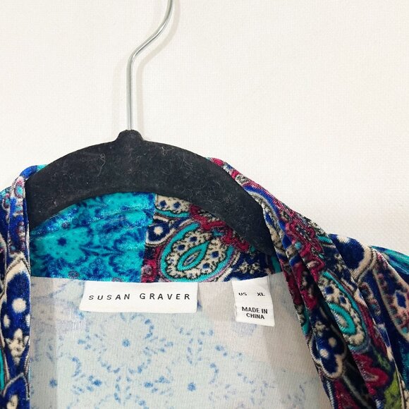 Susan Graver Multicolor Paisley Print Velvet Open Front Cardigan - Size XL - Picture 3 of 5